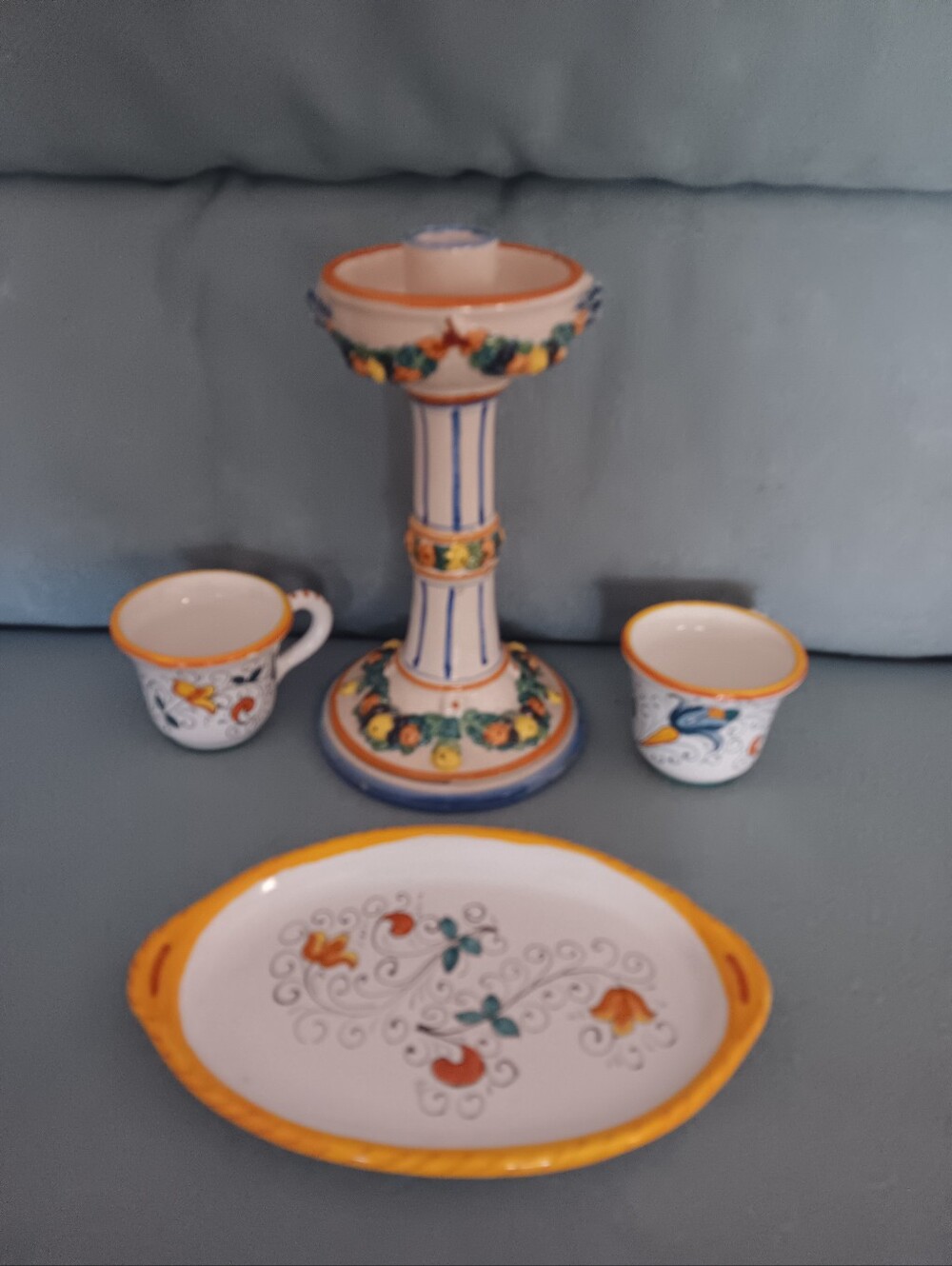 Deruta Italy Large Candlestick and 2 Demitasse Cups w. Plate Hand Painted